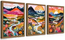 Wood Frame Boho Colorful Wall Art, Set of 3 Abstract Watercolor Mountain Land...