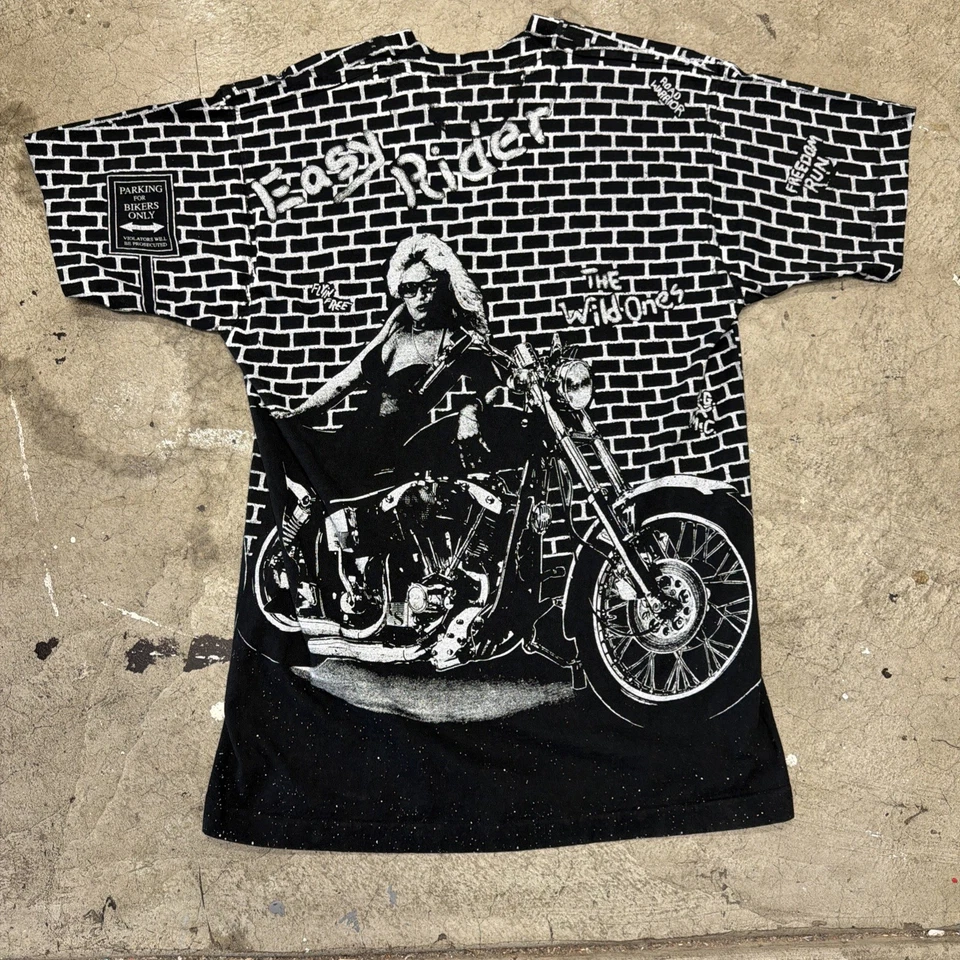 🔌Vintage 90s Easy Rider The Wild One AOP Tshirt Size Large 20x31 Rare - Image 4 of 4