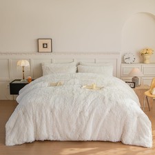 Faux Fur Plush White Comforter Sets King - Ultra Soft Shaggy Flannel Velvet Fluf