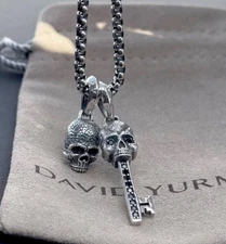 David/Yurman 925 Silver 2 Memento Mori Skull & Skull Key Amulet Chain 24 Inches