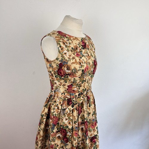 Lindy Bop 40's Swing Dress UK 14 Brown Red Floral Belt Sleeveless Fit Flare - Picture 7 of 15