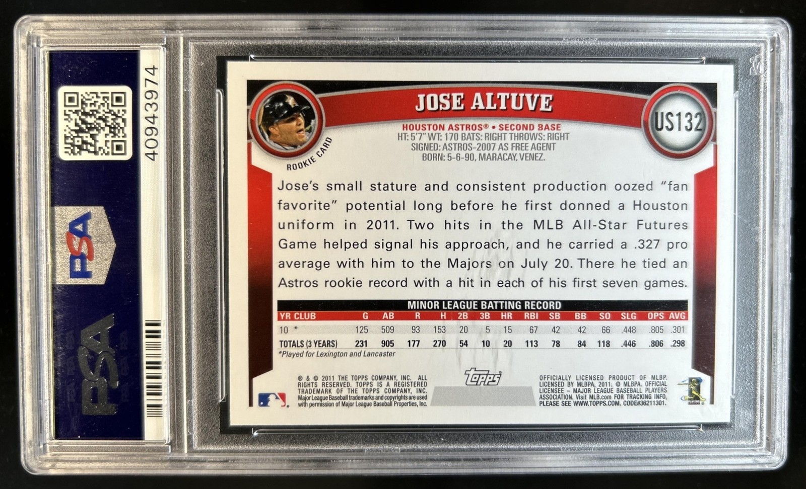 2011 Topps Update Jose Altuve RC Rookie #US132 Astros PSA 10 GEM MINT view 2