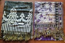 Two Elegant Black/Beige and Purple Pashmina Shawl Scarves