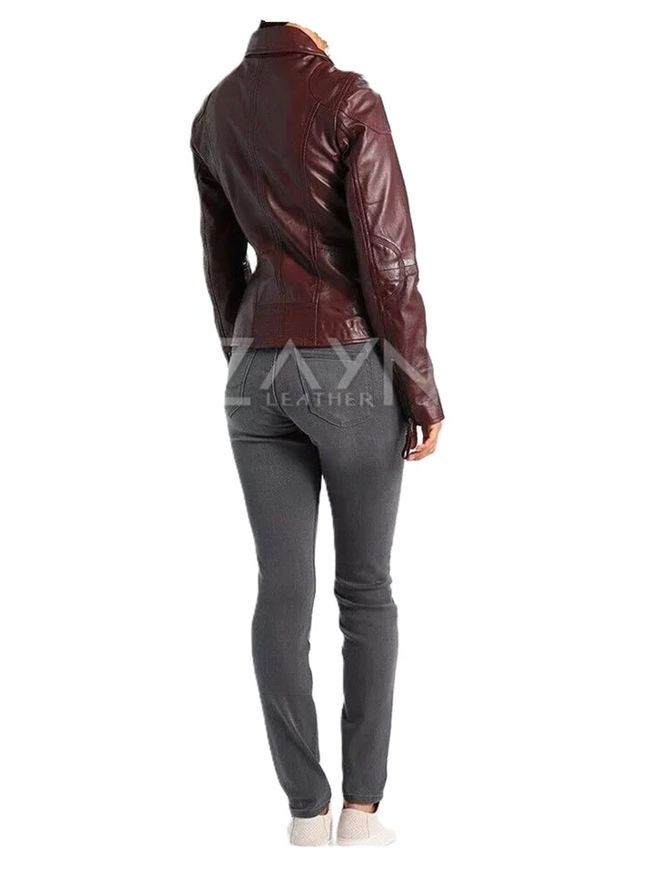 Women's Burgundy Color Jacket Genuine Lambskin Leather Stylish Moto Biker Jacket - Image 2 of 4