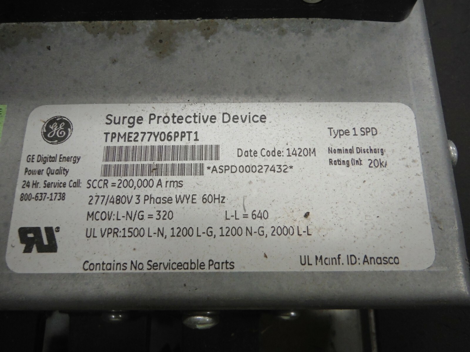 GE Tranquell Surge Protection Device TPME277Y06PPT1 277/480V 3Ph Used