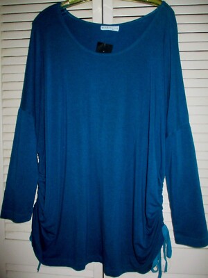 BRYN WALKER RUCHED INMAN SHIRT TUNIC ORINOCO BLUE JERSEY KNIT SMALL NEW