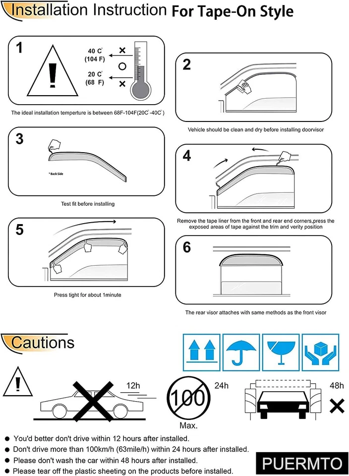 Viseira de janela 4 peças fora do canal fita adesiva para 2005-2015 Toyota Tacoma cabine dupla - Imagem 4 de 4