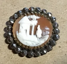 Antique Carved Cameo Button Shell Oriental Man & Scene in Gold Border Cut Steels