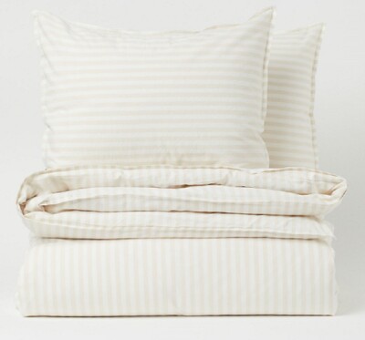 Narrow Striped Duvet Cover Set Light Neutral Queen 2 Standard Pillowcases Shams.