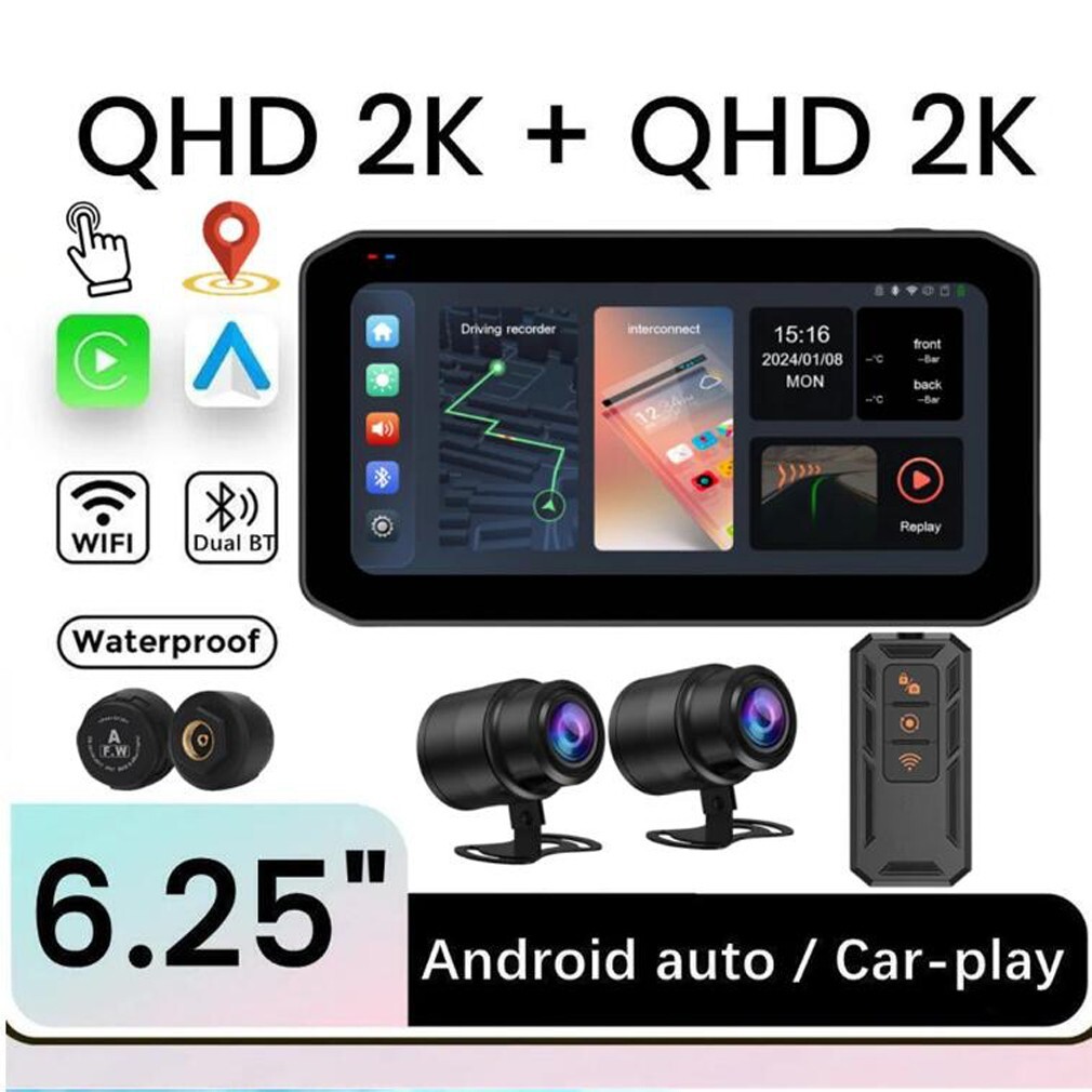 6.25inch Motorcycle 2K Dash Cam Dual BT Wifi GPS Navi