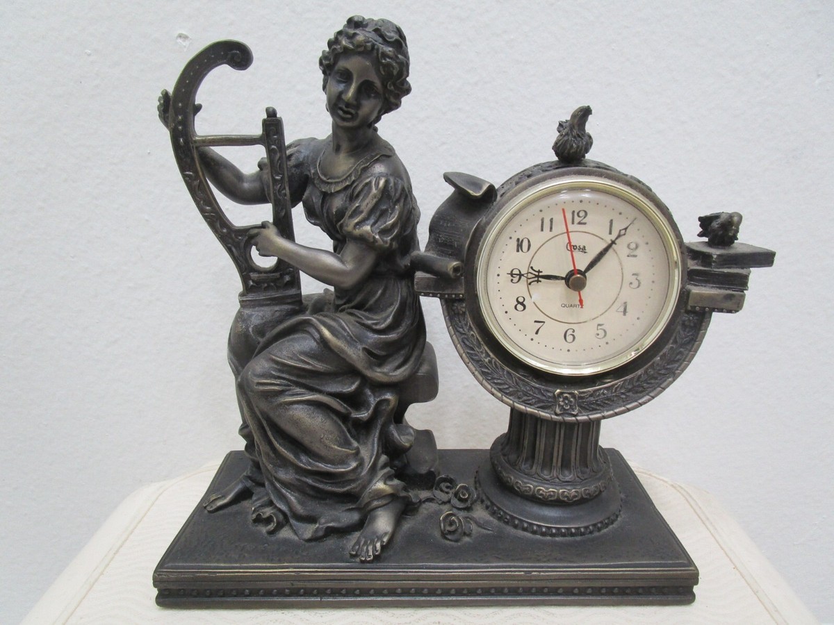 Vintage Lady Playing The Harp - Crosa Metal / Brass Mantel Clock