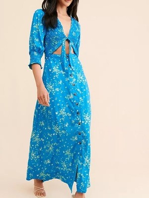 Free People String of Hearts Maxi Dress Smocked Tie Front cut out Bohemian Large