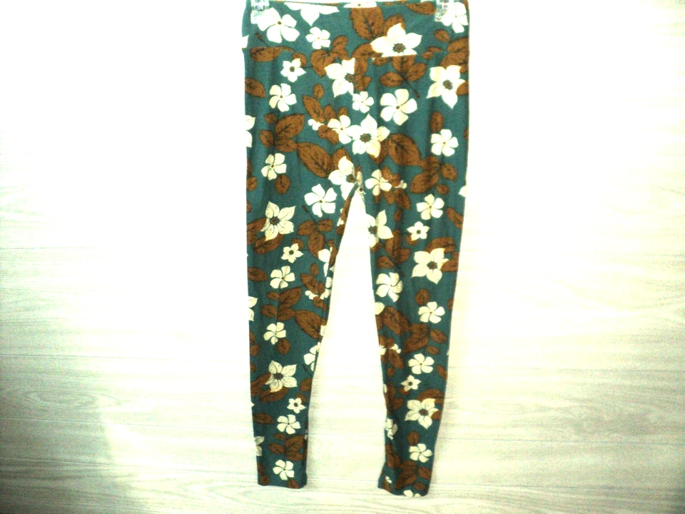 Leggings LuLaRoe para mujer talla única florales verde azulado, tostado, crema Foto 2 de 4