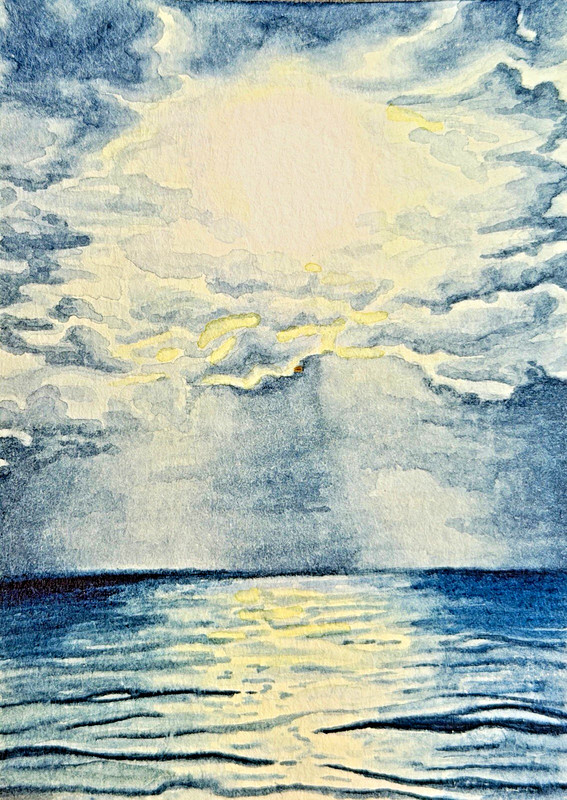 ACEO original watercolor painting realistic ocean seascape sky clouds Full Moon