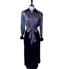 Christa New York Vintage Metallic Striped Velvet Gown Maxi Shirt Dress Size 10