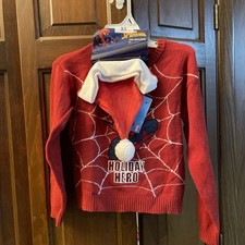 Marvel Spider-Man Holiday Hero Santa Claus Hat Sweater Kids Boys Size 7 NWT