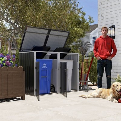 Metal Garbage Bin Shed 2 Trash Cans with Lockable Door Backyard Garden Bin Shed