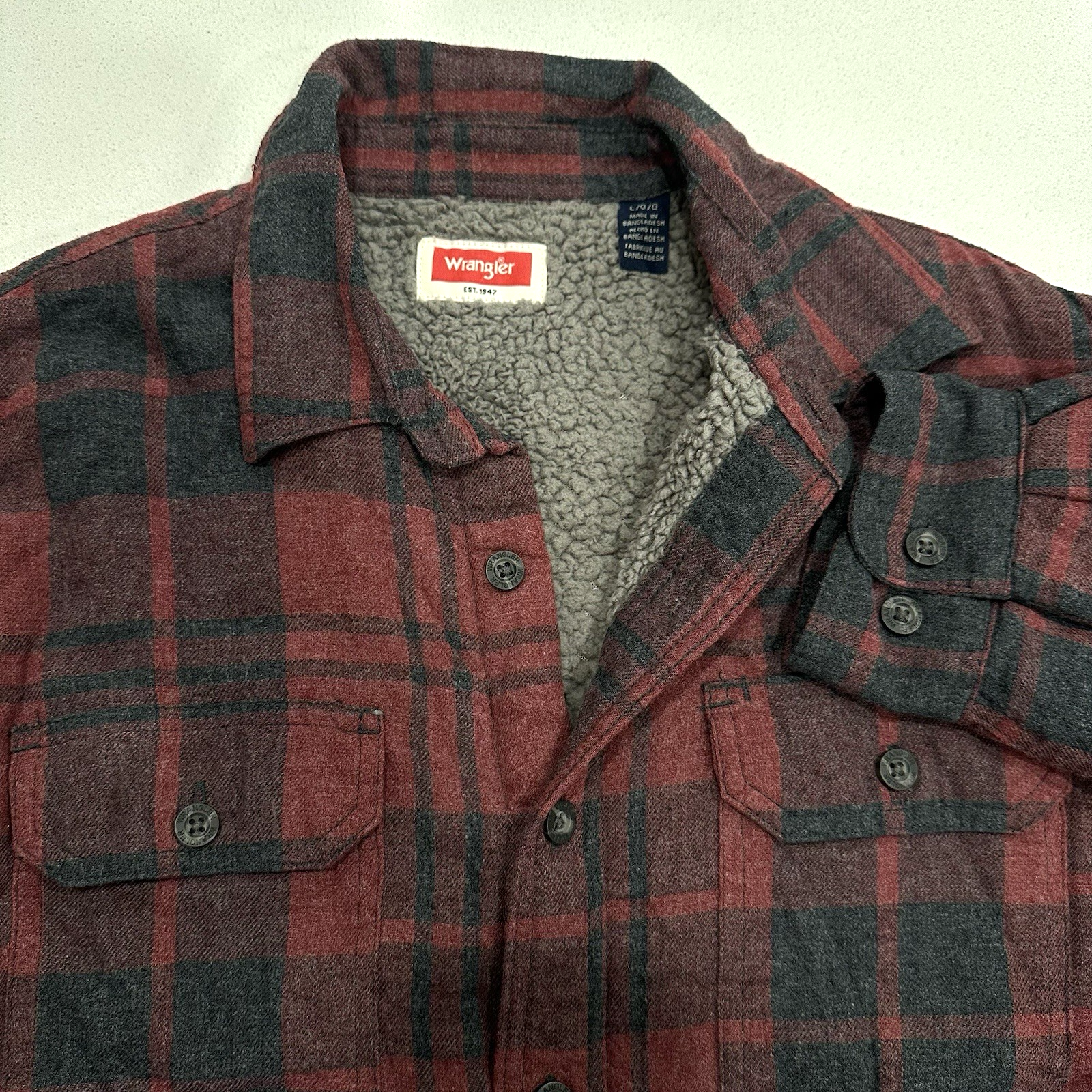 Wrangler Men's Large Sherpa-Lined Red Plaid Flannel Shirt Jacket