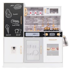Play Kitchen Toy Set with Chalkboard Oven Sink Curtain Microwave Water Dispenser