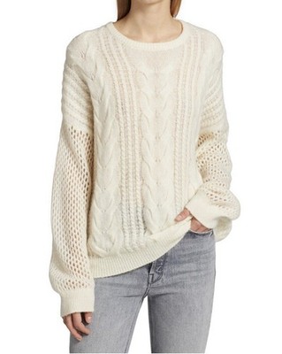 Naadam Open Cable Crewneck Sweater Ivory Merino Wool Cashmere XS NWT