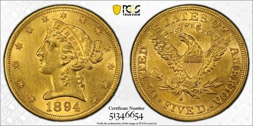 1894-S $5 Liberty Head Gold Coin PCGS AU 58 – Rare Collectible