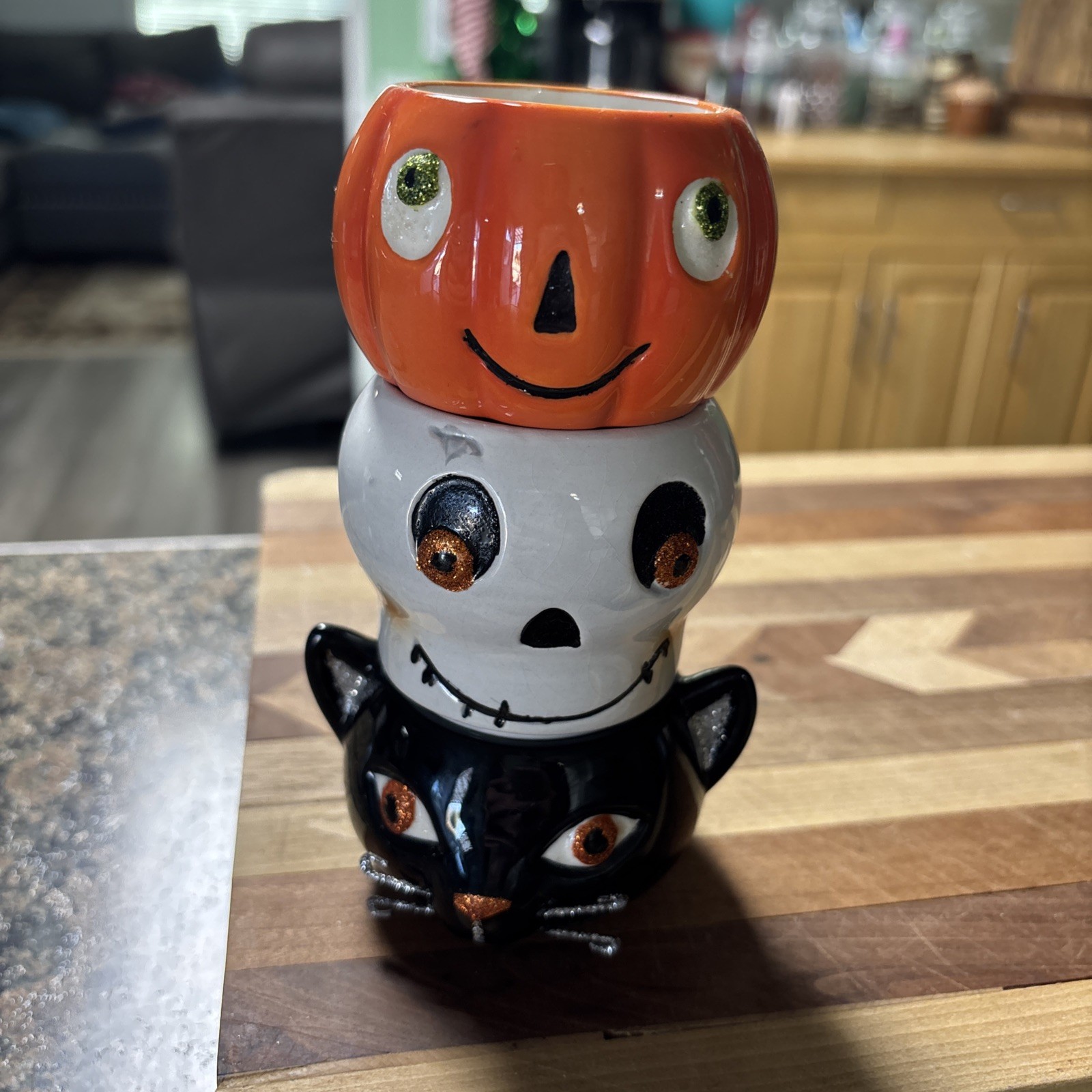 Hallmark Vintage Halloween Lot of 3 Ceramic Candle Holders Cat Pumpkin Skeleton