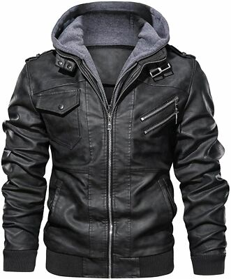Mens Genuine Real Leather Jacket Black Bomber Winter Hooded Jacket