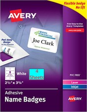  32 BADGES INKJET  LASER Avery Name Badges 2 1/3 x 3 3/8" Flexible Removable