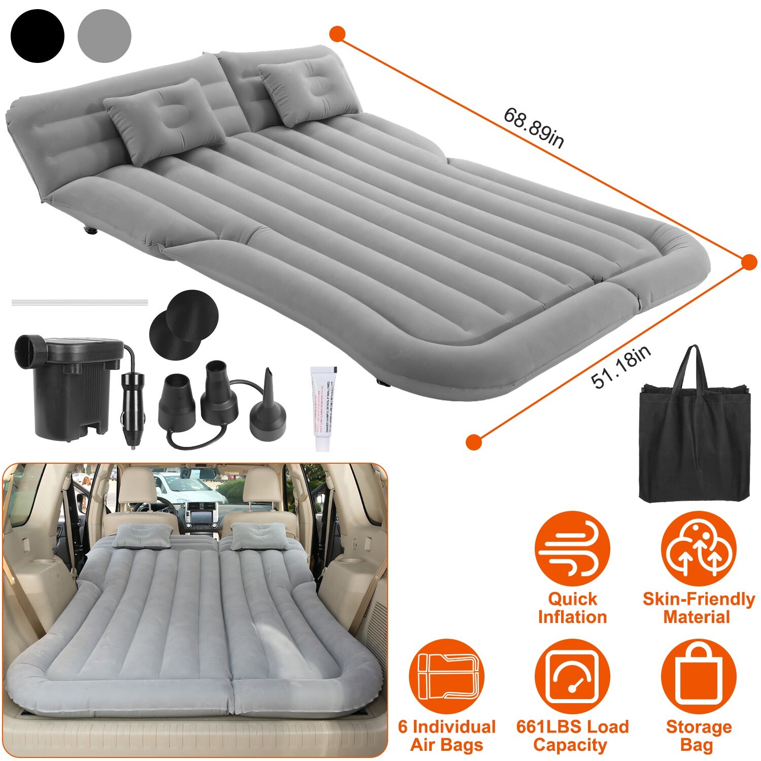 New Inflatable Travel Car Air Mattress Back Seat Bed with 2 Pillows & Air Pump