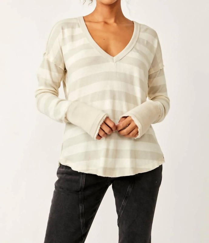 Free People We The Free Sail Away V Neck Long Sleeve Henley Striped Print Top S