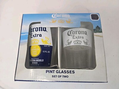Corona Extra Set of 2 16oz Logo Stamped Pint Glasses New in Original Box 