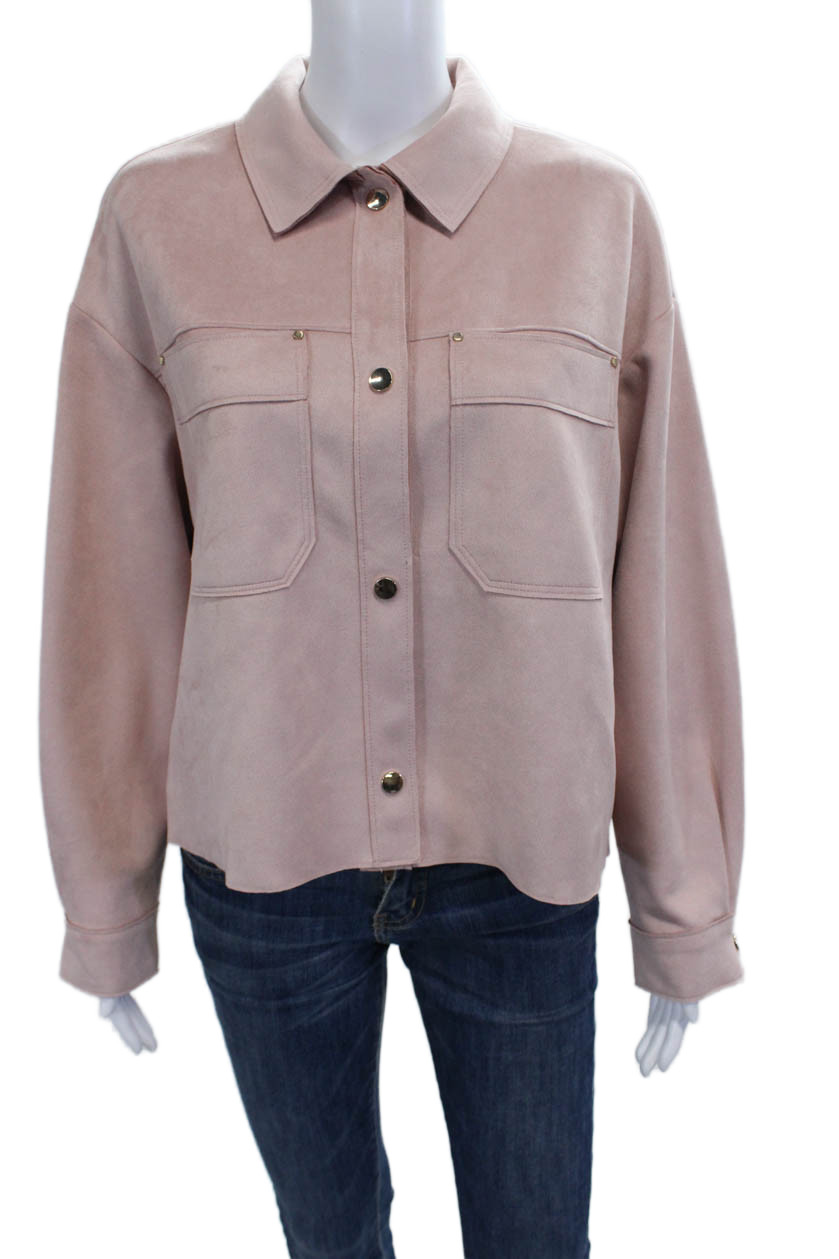 Zara Womens Jacket Collared Button Solid Pink Lon… - image 1