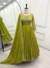 Indian Function Pure Georgette Gown Bottom With Parrot Green Dupatta For Women