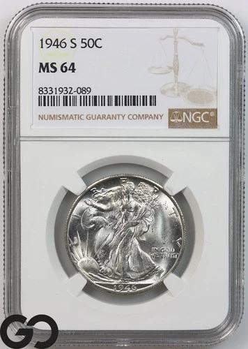 1946-S Walking Liberty Half Dollar NGC MS 64 ** Blast White Swirling Luster!