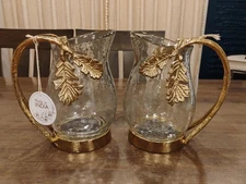 Set of 2 Clear Glass Pitcher with Gold-Colored Floral Handle Imported From India