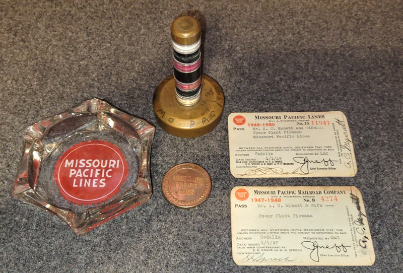 Missouri Pacific Memorabilia Thread Sample Tower, Passes, Coin, Ashtray Etc.