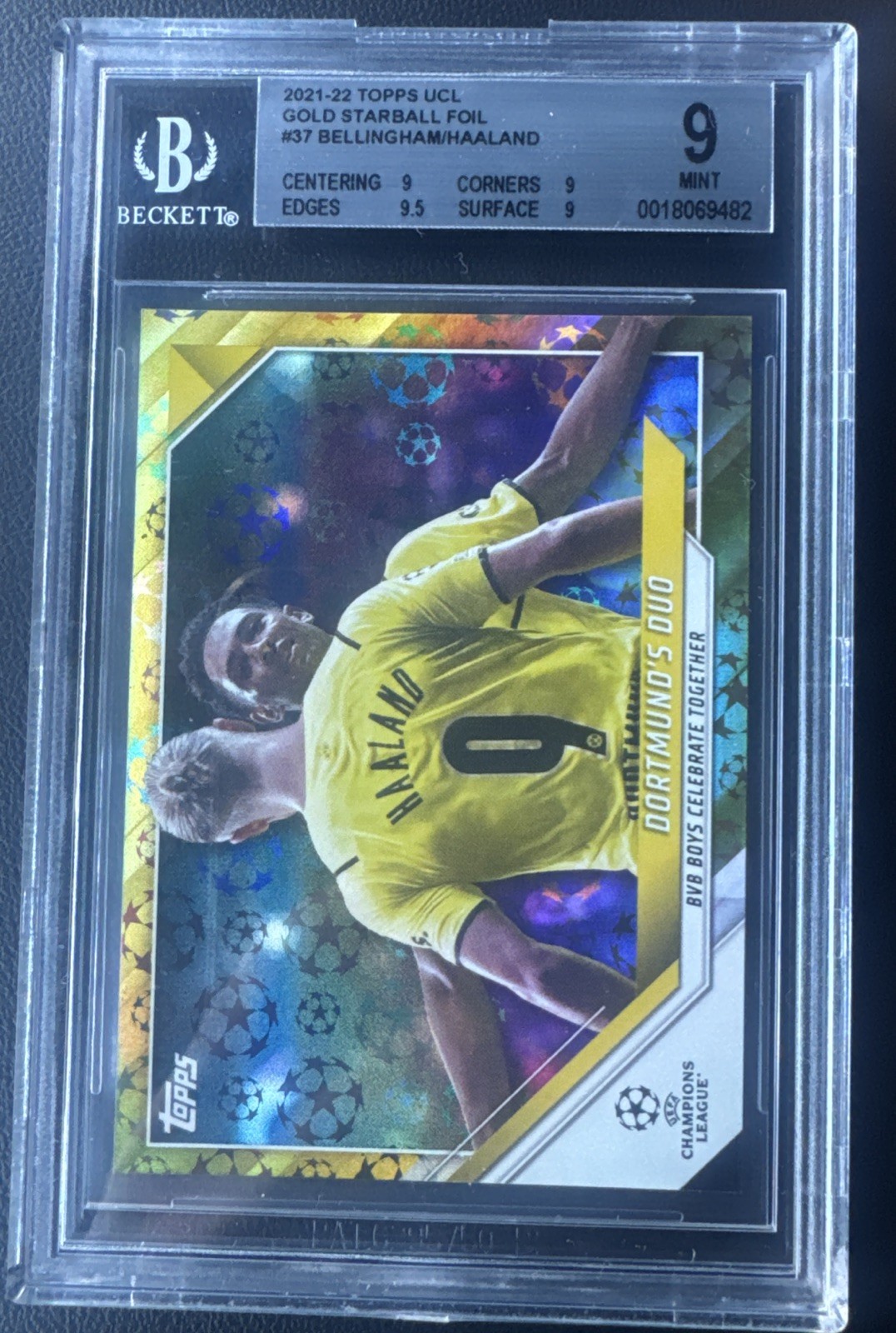 2021 Topps UCL  Dortmund’s Duo Haaland Jude Bellingham JSY #9/50 Gold BGS 9