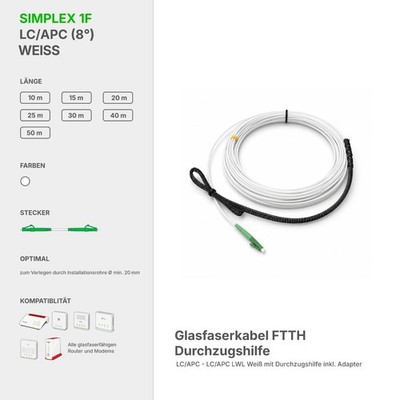 Glasfaserkabel LC/APC (8°) SIMPLEX LWL 10m-50m weiß CONBIC  + Durchzugshilfe