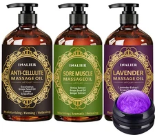 3 Pack Cellulite,Sore Muscle & Lavender Relaxation Massage Oils with Roller
