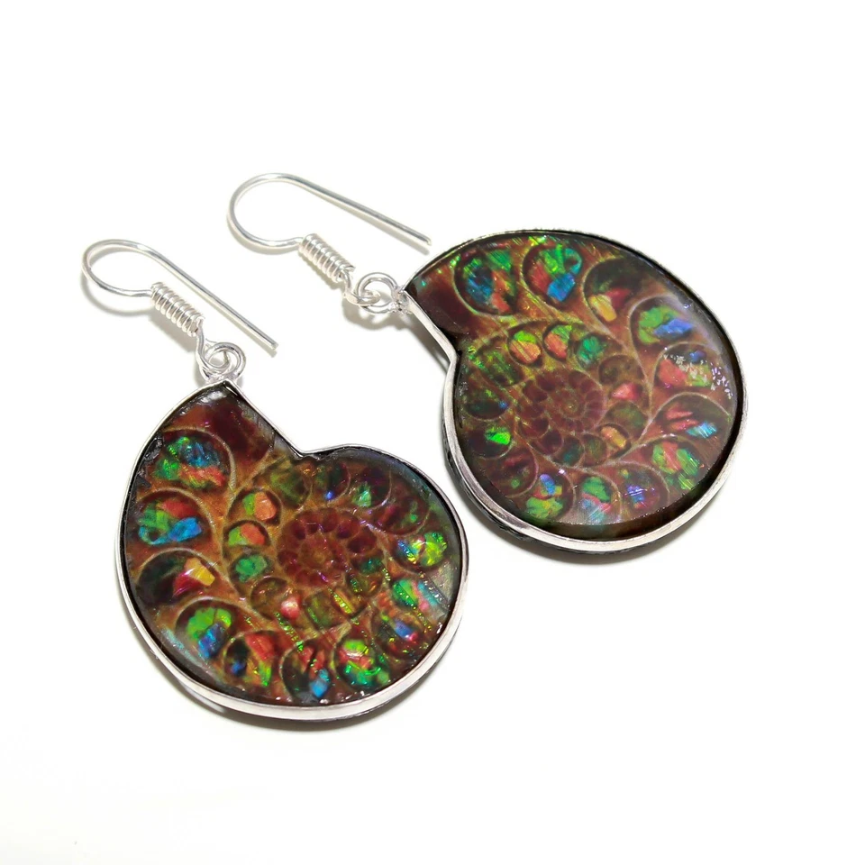 Amolita en piedras preciosas de amonita 925 pendientes de plata de ley joyería regalo para ella Foto 3 de 4