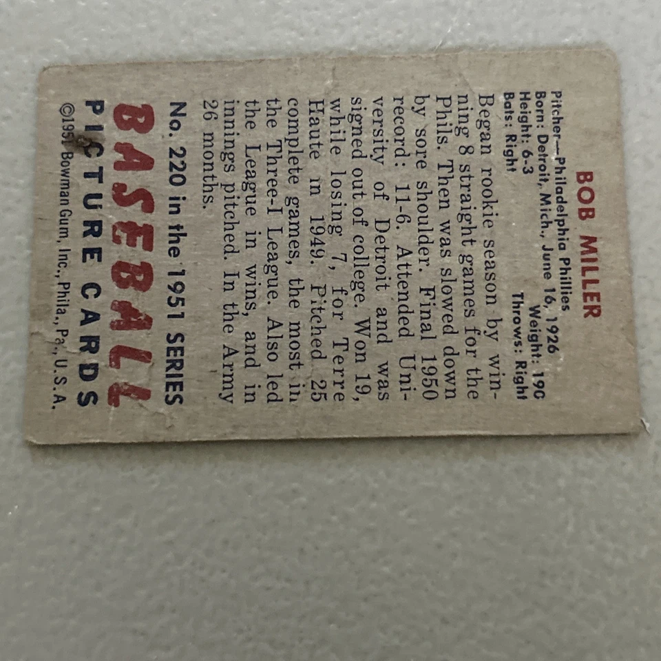 1951 Bowman, Bob Miller, Philadelphia Phillies, Baseball Card #220 - Image 4 of 4