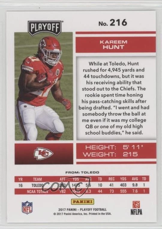 2017 Panini Playoff Rookies Red Zone Kareem Hunt #216 Rookie RC - Image 2 of 2
