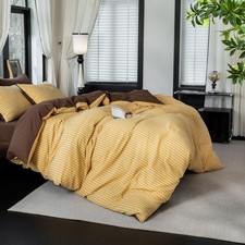 Reversible Duvet Cover Set 100 Washed Cotton Yellow Stripe Linen Feel Duvet ...