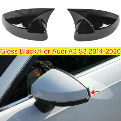 Gloss Black Adhesive Side Rearview Mirror Cover Trim Caps For Audi A3 S3 2014-20