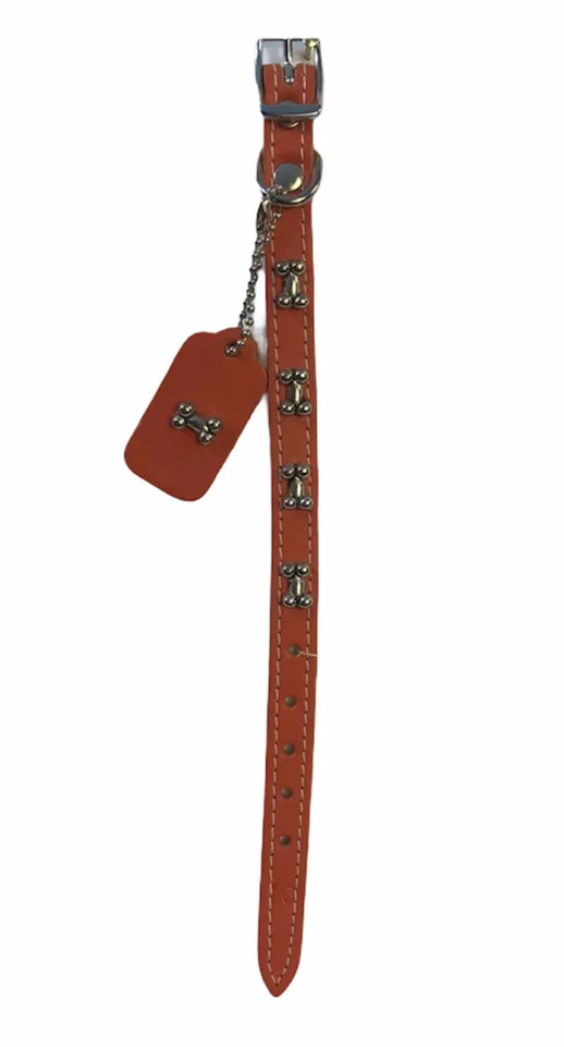 Dog Collar 10 Orange Leather Bone Matching Keychain Made In USA