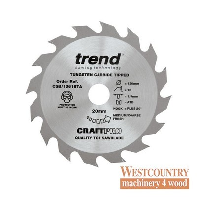 Trend CraftPro Dünnschnitt Akku-Sägeblatt - 136 mm Durchmesser x 1,5 Schnittfuge x 20 Bohrung 16T