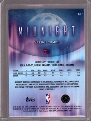 2025-26 Topps Midnight - VJ Edgecombe #63 Dusk /75 (RC) for sale 