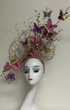 Easter Ascot KY Derby Gold Pink Purple Butterflies Mesh Large Fascinator