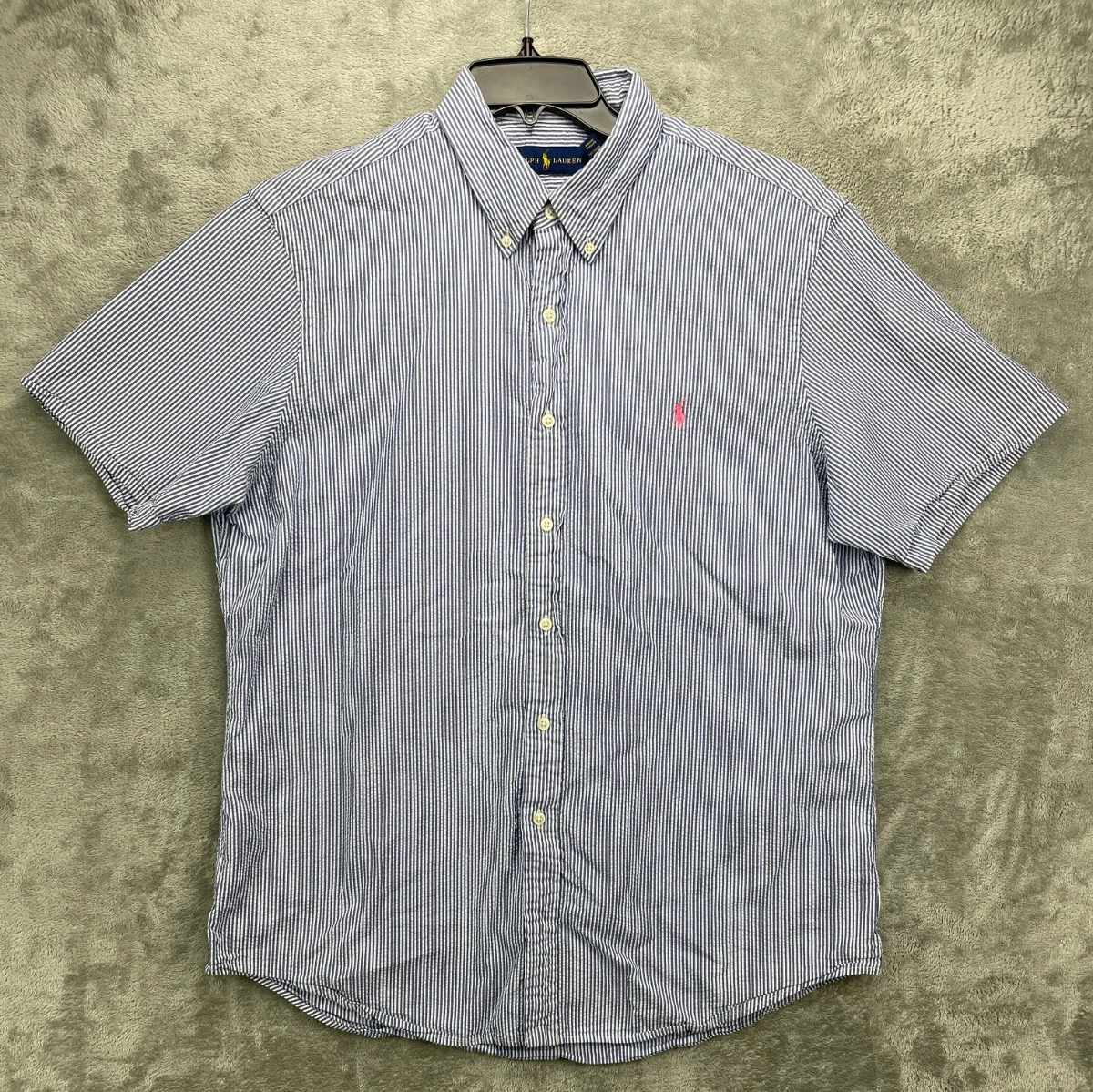 Ralph Lauren Men's Seersucker Shirt XL Blue Short Sleeve Button Up