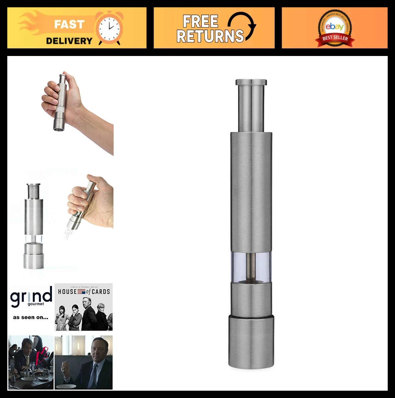 Salt and Pepper Grinder Set - Pump & Grind Cooking Gadgets, Stainless Steel, Red